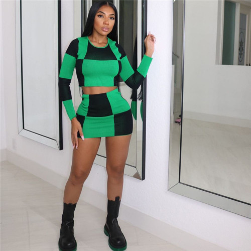 Printed Contrast Checkerboard Long Sleeve Skinny Casual Skirt Set