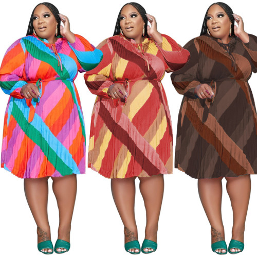 Striped Belted Fashion Loose Plus Size Women's Dress