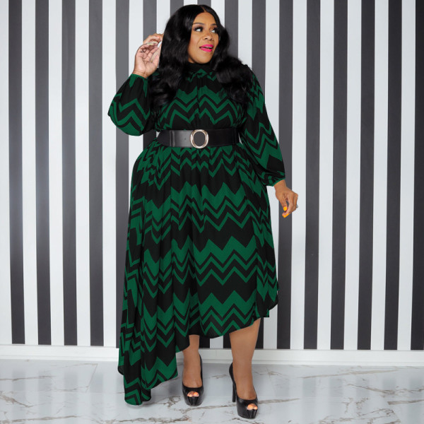 Striped Sleeve Belt Fashion Loose Plus Size Women's Dress