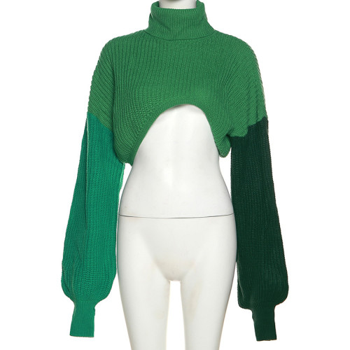 Fashion contrast color stitching long-sleeved street shot knitted turtleneck loose casual sweater
