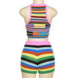 Fashion Contrast Stripe Slim Fit Sling Sleeveless Knit Slim Top