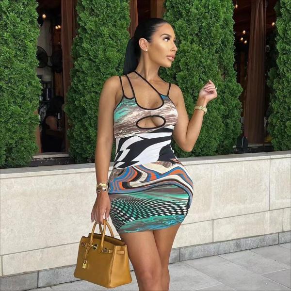Irregular Print Contrast Color Hollow Slim Fit Sling Dress Package Hip Short Skirt