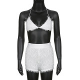 Fur stitching corset suspenders shorts suit two-piece open back women's clothing