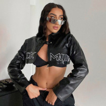 Street Fashion Women's Motorcycle Letter Embroidered PU Leather Short Jacket Baseball Jacket Street Fashion Women's Motorcycle Letter Embroidered PU Leather Short Jacket Baseball Jacket