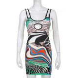 Irregular Print Contrast Color Hollow Slim Fit Sling Dress Package Hip Short Skirt