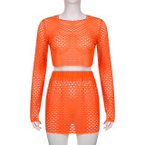 Solid color hollow basic round neck long-sleeved navel top wrap hip skirt suit two-piece set