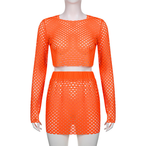 Solid color hollow basic round neck long-sleeved navel top wrap hip skirt suit two-piece set