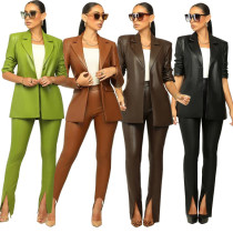 PU leather suit collar slit pencil pants set PU leather suit collar slit pencil pants set