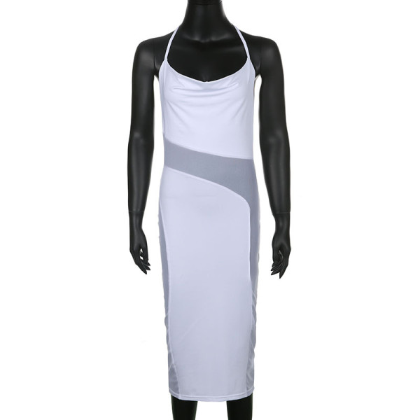 Swing collar solid color mesh stitching open back sexy halter neck suspender dress long skirt