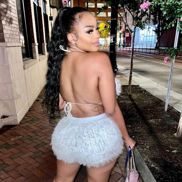 Fur stitching corset suspenders shorts suit two-piece open back women's clothing