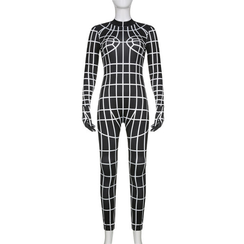 Spider web geometric print slim-fit mittens long-sleeve jumpsuit