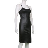 PU leather nightclub style sexy backless straps solid color personality split suspender dress