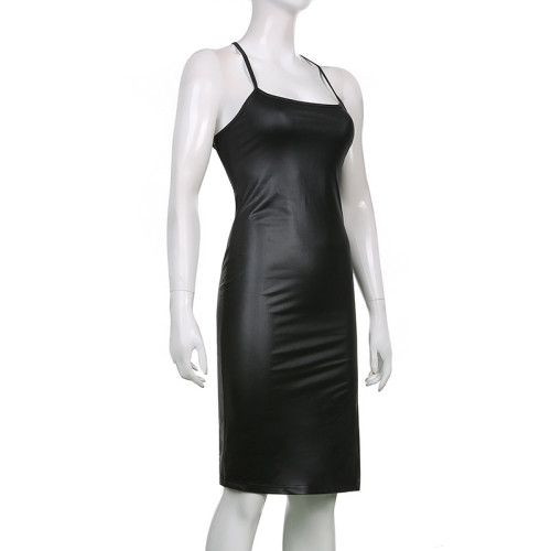 PU leather nightclub style sexy backless straps solid color personality split suspender dress