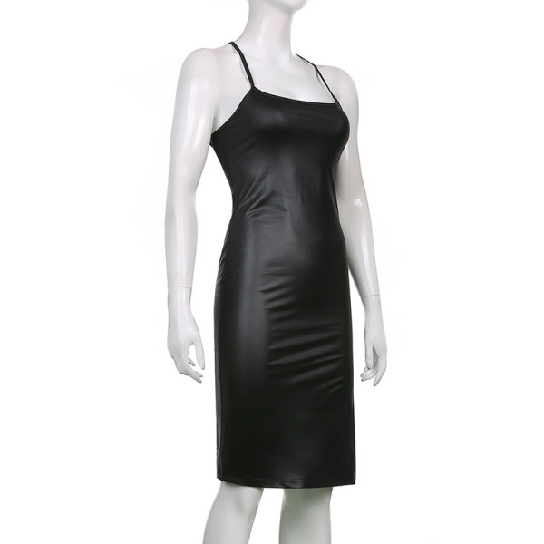 PU leather nightclub style sexy backless straps solid color personality split suspender dress