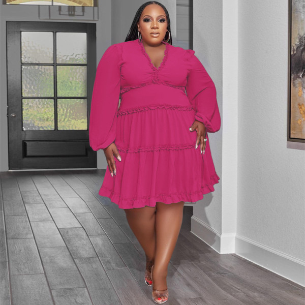 Solid Color V-Neck Sexy Woven Swing Skirt Plus Size Women's Dress