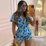 Geometric Colorblock Polo Collar Day Belt Casual Jumpsuit