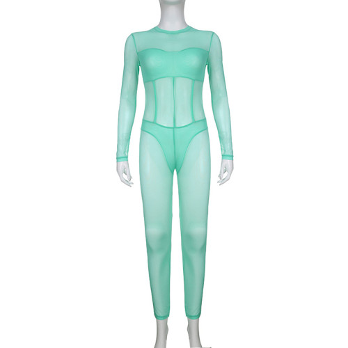 Solid Color Basic Mesh Split Panel Jumpsuit Leggings