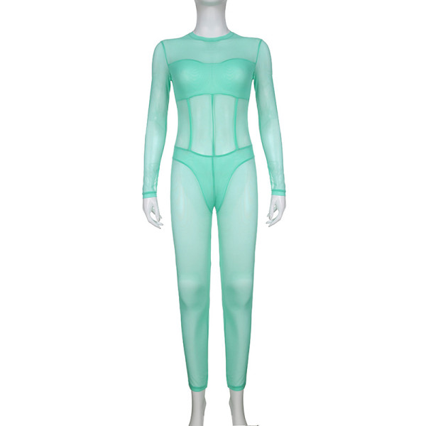 Solid Color Basic Mesh Split Panel Jumpsuit Leggings