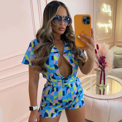 Geometric Colorblock Polo Collar Day Belt Casual Jumpsuit