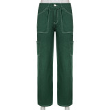 Hot girl street fashion artificial pocket high waist straight jeans