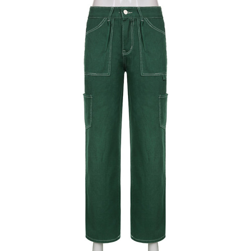 Hot girl street fashion artificial pocket high waist straight jeans