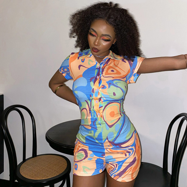 Fashion Women's Irregular Ripple Print Polo Neck Buttoned Slim Fit Hot Girl Short Sleeve Jumpsuit