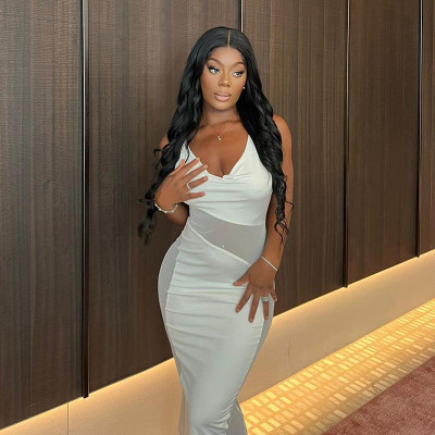 Swing collar solid color mesh stitching open back sexy halter neck suspender dress long skirt