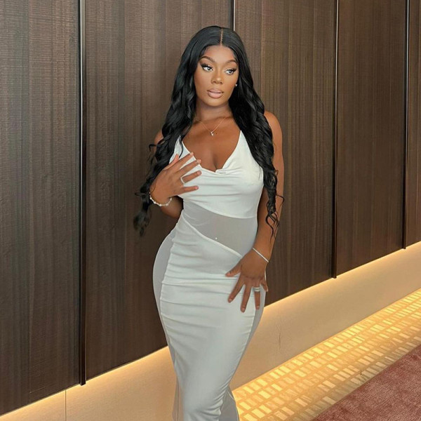 Swing collar solid color mesh stitching open back sexy halter neck suspender dress long skirt