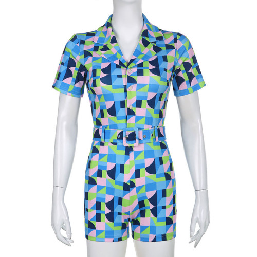Geometric Colorblock Polo Collar Day Belt Casual Jumpsuit