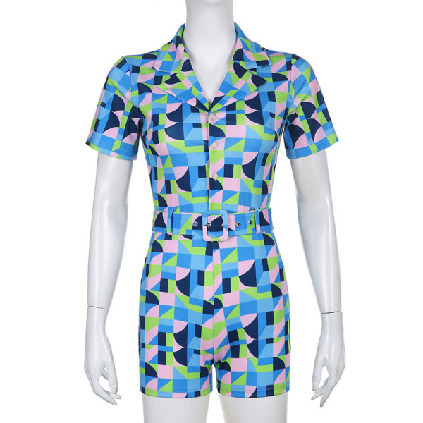 Geometric Colorblock Polo Collar Day Belt Casual Jumpsuit