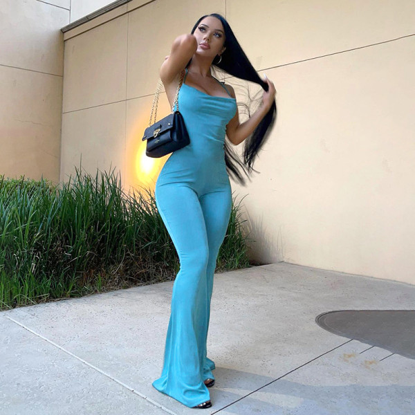 Fashionable new suspender flared jumpsuit low neck open back slim trousers