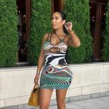 Irregular Print Contrast Color Hollow Slim Fit Sling Dress Package Hip Short Skirt