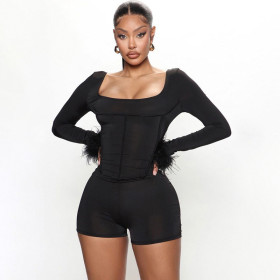 Women's Solid Color Fur Panel Corset Square Neck Long Sleeve Jumpsuit
