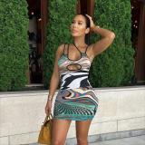 Irregular Print Contrast Color Hollow Slim Fit Sling Dress Package Hip Short Skirt