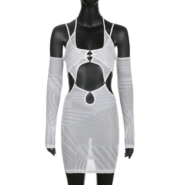 Mesh Sleeve Solid Color Hollow Out Hip Dress