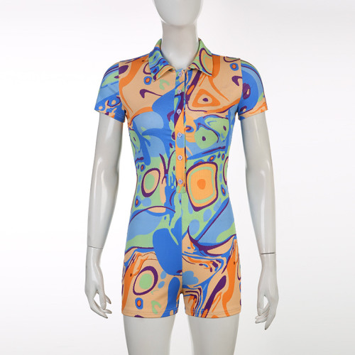 Fashion Women's Irregular Ripple Print Polo Neck Buttoned Slim Fit Hot Girl Short Sleeve Jumpsuit