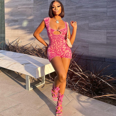 Irregular Letter Print Cutout U-Neck Sexy Hot Girl One Piece Shorts