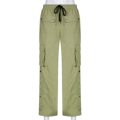 High Waist Straight Drawstring Lace up Casual Pants