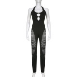 Solid Color Hollow Halter Open Back Burning Flower Jumpsuit