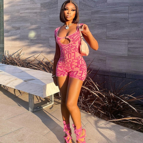 Irregular Letter Print Cutout U-Neck Sexy Hot Girl One Piece Shorts