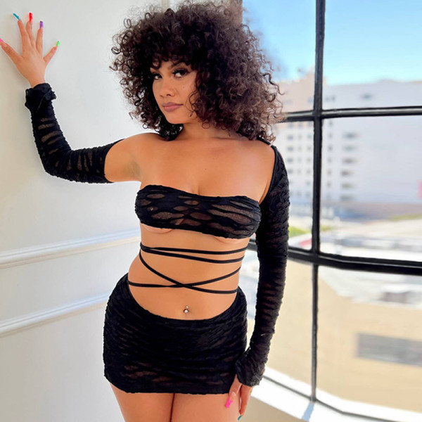 One-word sexy tube top ultra-short tight waist tie wrap hip skirt suit