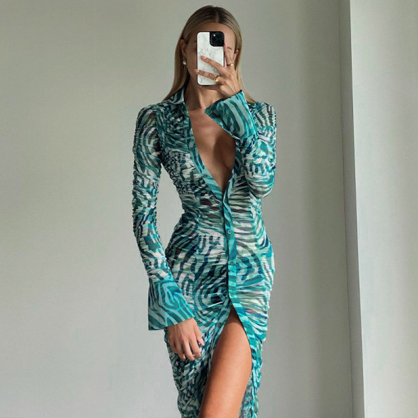 Fashionable temperament polo collar single breasted cardigan gathered waist print dress