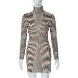 High-neck long-sleeved fashion personalized print sexy bag hip side slit dress