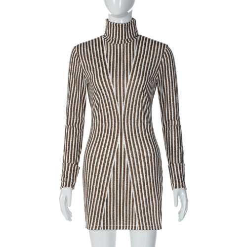 High-neck long-sleeved fashion personalized print sexy bag hip side slit dress
