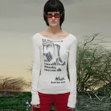 Abstract Letter Print Crew Neck Long Sleeve Slim Fit Bottoming Shirt Top T-Shirt