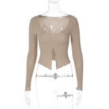 Long Sleeve Hot Girl Top Fungus Edge Sexy Low Cut Slim Fit Top T-Shirt