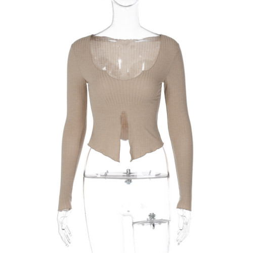 Long Sleeve Hot Girl Top Fungus Edge Sexy Low Cut Slim Fit Top T-Shirt