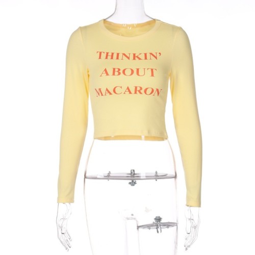Women's Letter Print Crew Neck Long Sleeve Top Spice Crop Slim Fit Crop T-Shirt