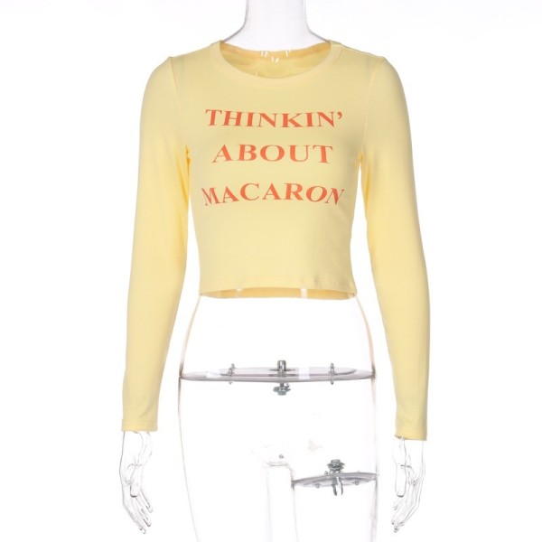 Women's Letter Print Crew Neck Long Sleeve Top Spice Crop Slim Fit Crop T-Shirt