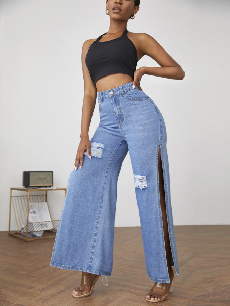 Ladies Fashion Ripped Slit Ladies Jeans